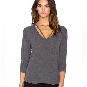 Revolve LNA Strappy Sweater V-neck Long Sleeve Fuzzy Soft Charcoal Grey Size XS